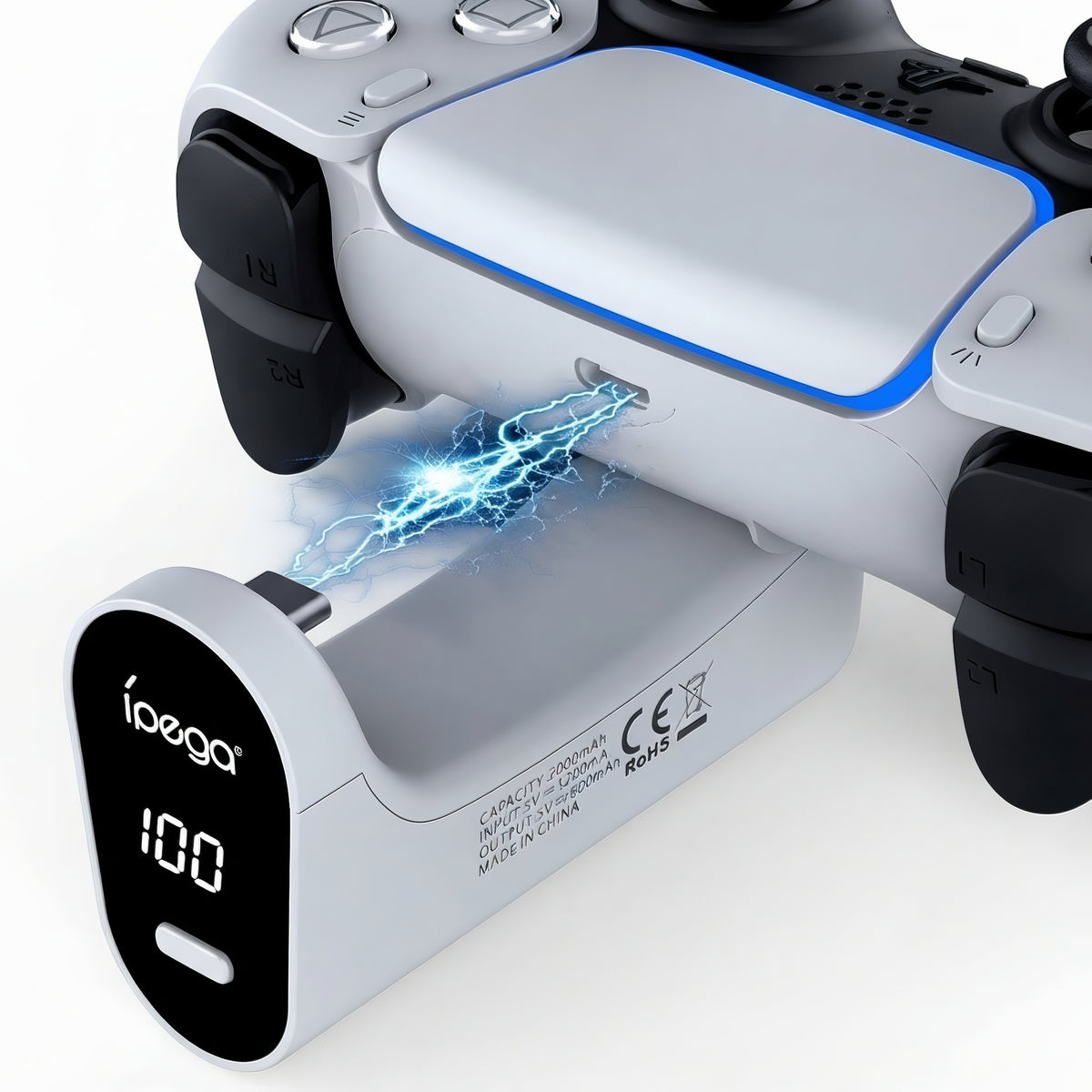 Demonstration of PS5 controller charging dock connecting to DualSense controller with fast charging effect