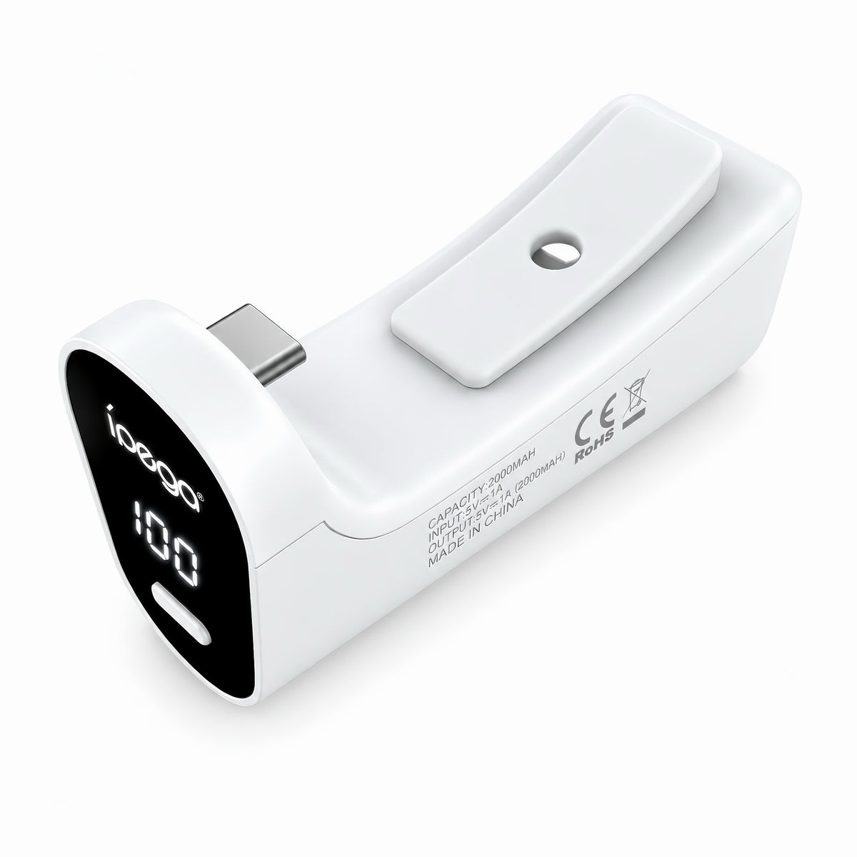 White PS5 controller charging dock and 2000mAh battery pack with digital display screen and Type-C connector
