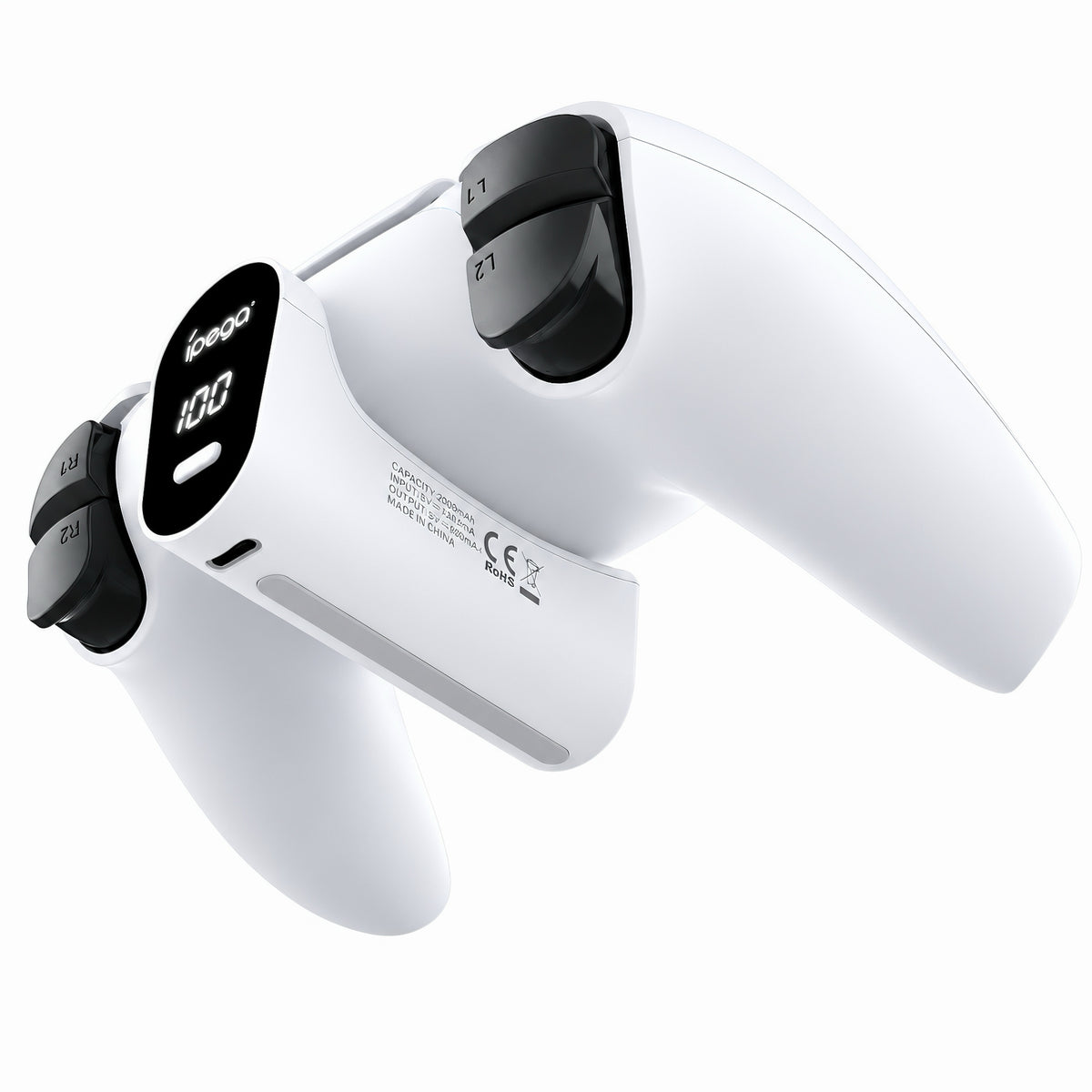 PS5 controller charging dock with 2000mAh battery pack and digital display attached to a DualSense controller
