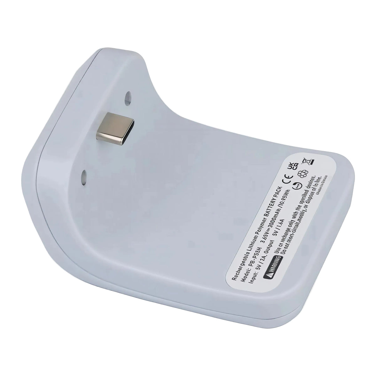 Compact 3000mAh PS5 controller power bank showing USB Type-C connector plug and specs label