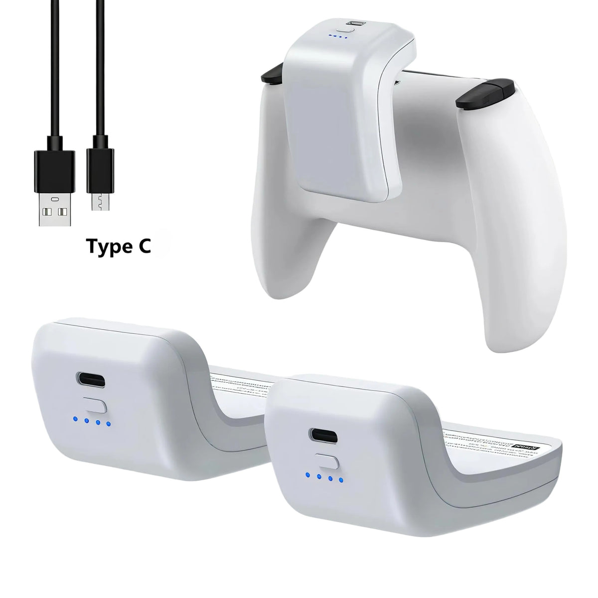 PS5 controller power bank attached to DualSense with LED status lights and USB Type-C charging cable