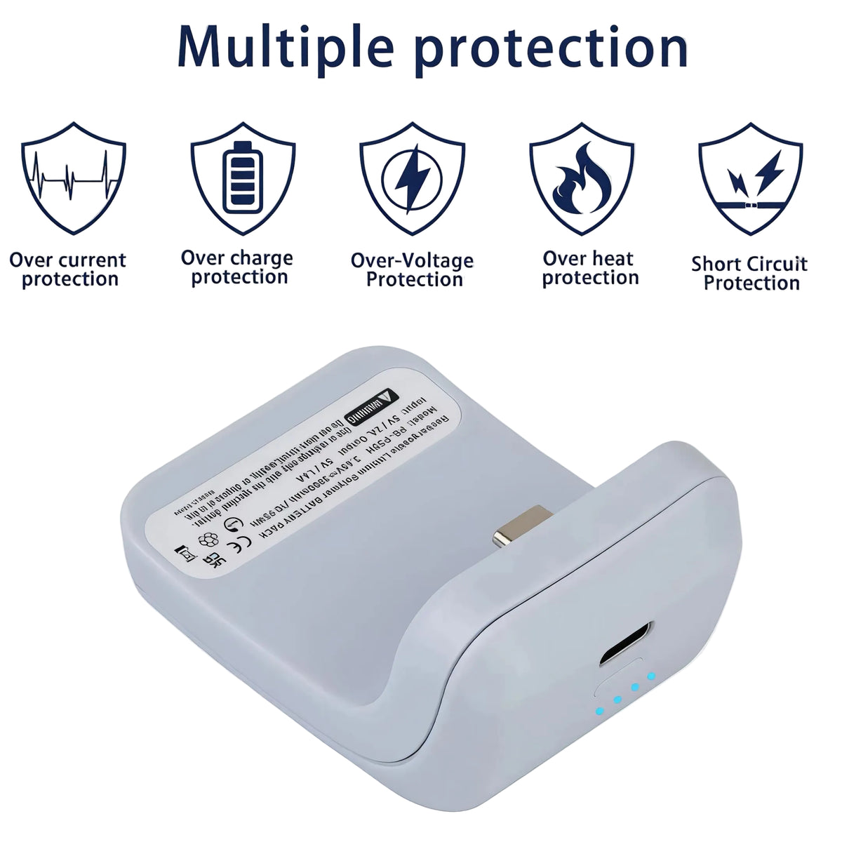 PS5 controller power bank with multiple safety protection icons including overcharge overvoltage and short circuit protection