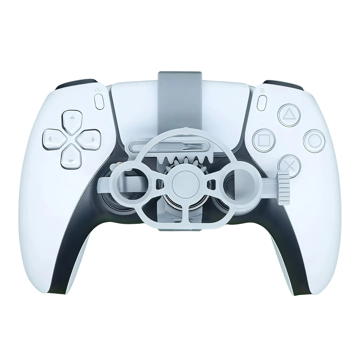 Gray mini steering wheel handle attachment mounted on a PS5 DualSense controller front view