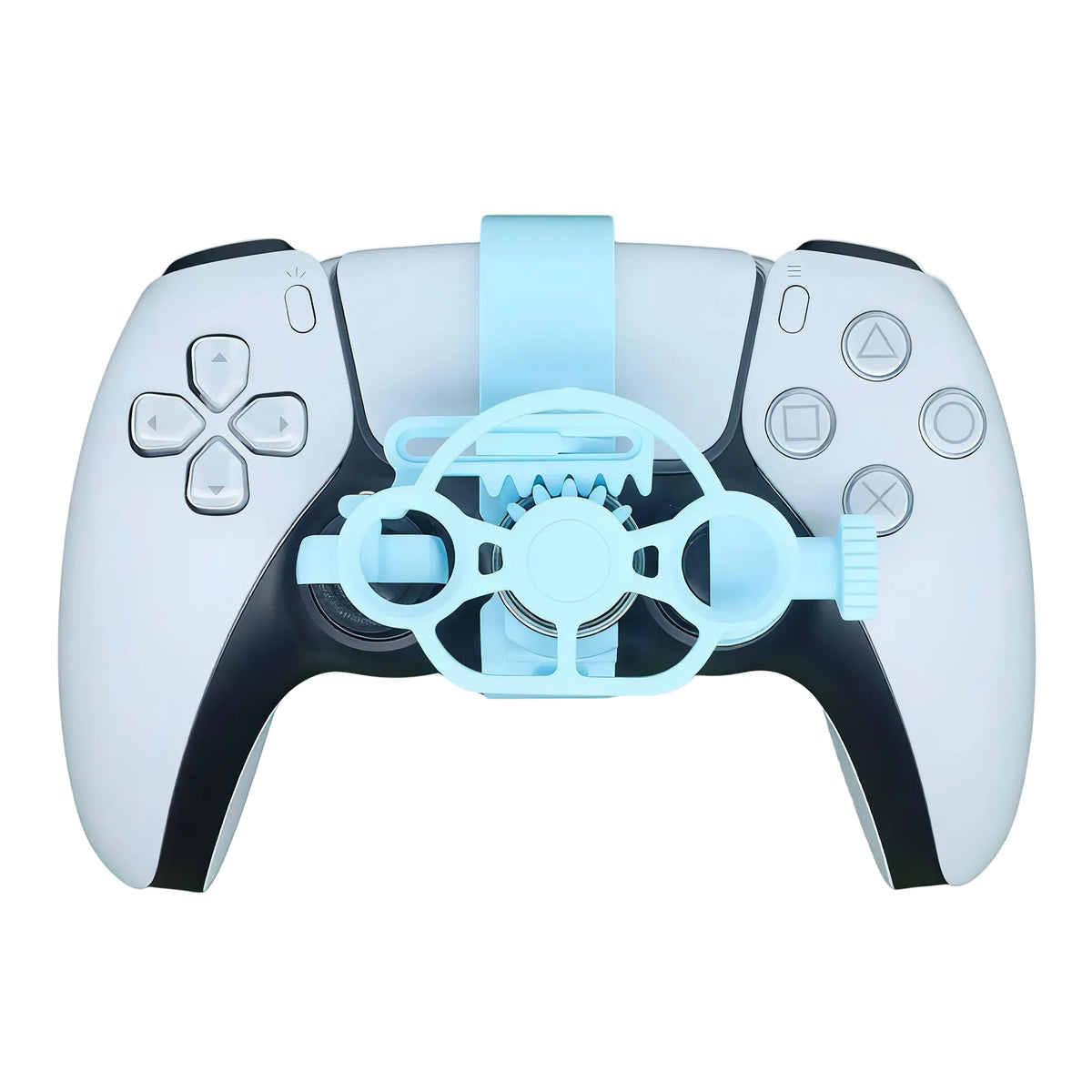 Light blue mini steering wheel handle attachment mounted on a PS5 DualSense controller front view