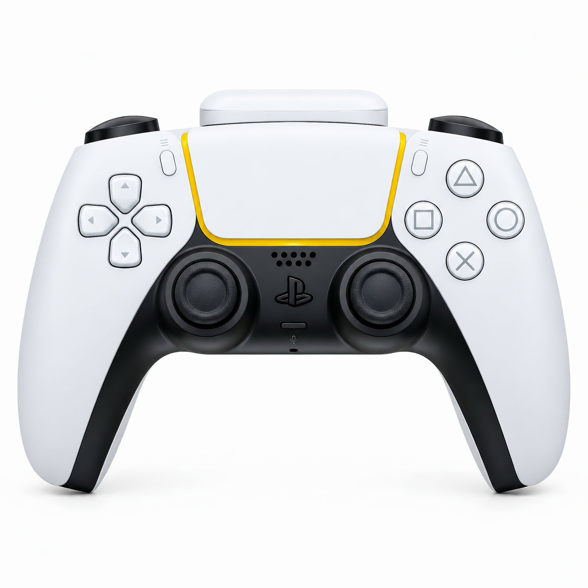 A white PlayStation 5 DualSense wireless controller with a battery pack and black grips. It has also distinctive yellow accent line running vertically on the front, shown against a solid white background.