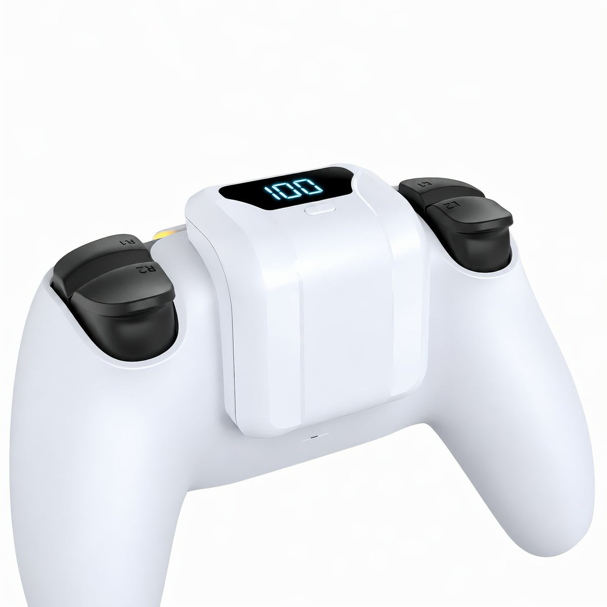 Close-up view of the PS5 controller power bank showing the digital LED battery percentage display screen on top