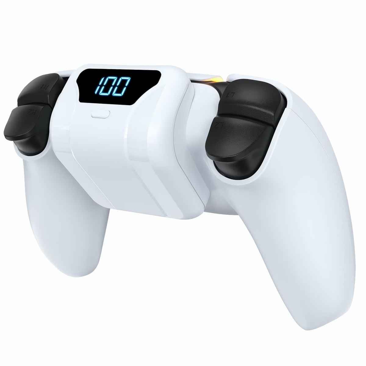 White PS5 controller power bank with LED digital display attached to a wireless gaming controller on a white background