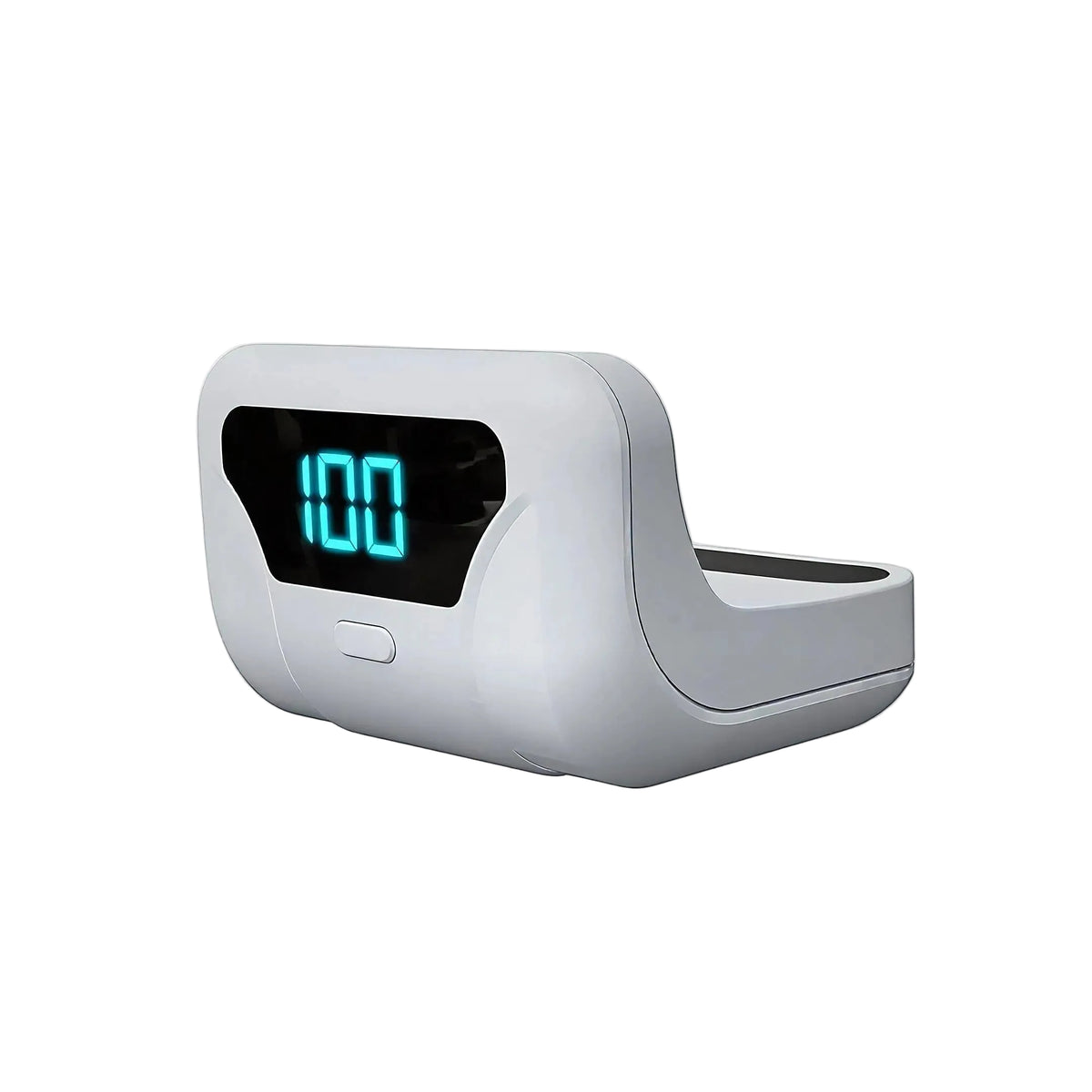Standalone white PS5 controller power bank showing its digital LED battery indicator screen
