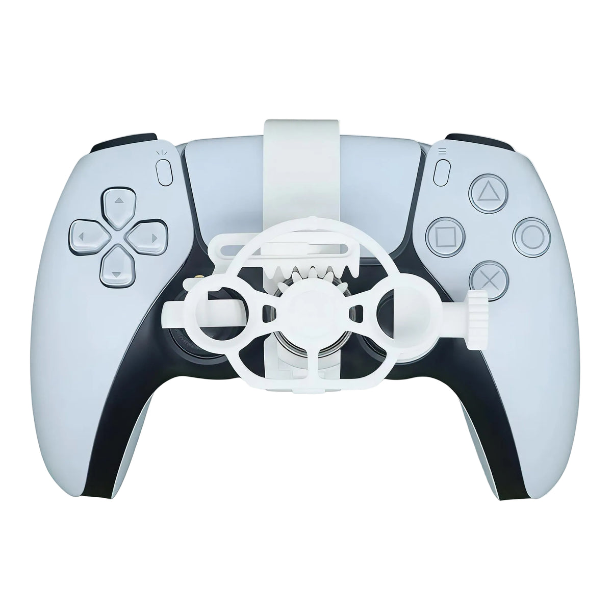 White mini steering wheel handle attachment mounted on a PS5 DualSense controller front view