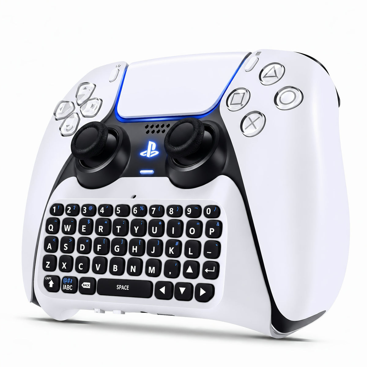 White mini wireless chatpad keyboard attached to a PlayStation 5 DualSense controller