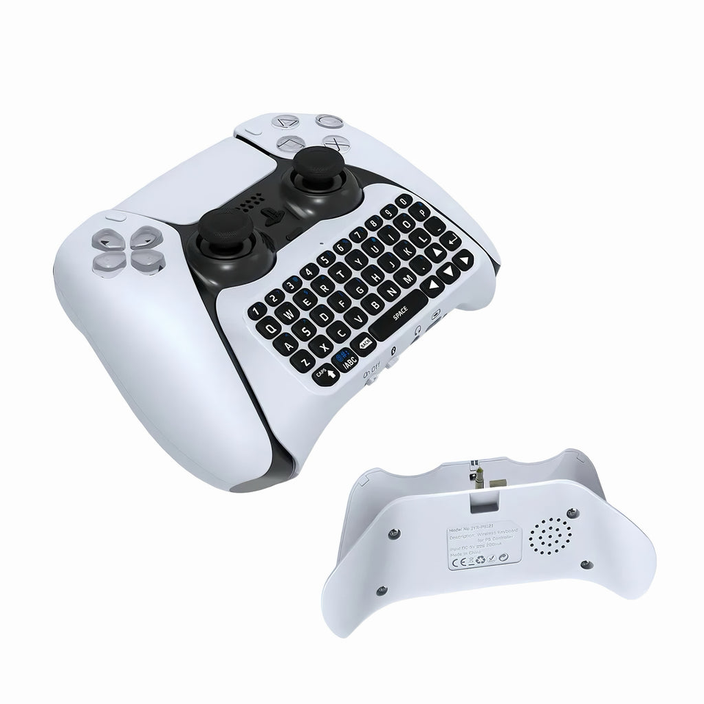 Front and back angles of the white wireless mini keyboard showcasing audio speaker grille and controller mount design