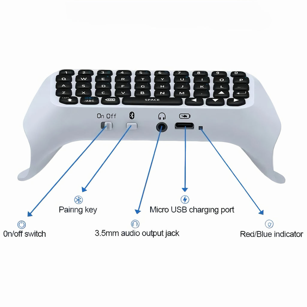 Diagram showing bottom view ports and control buttons of the wireless keyboard including power switch pairing key audio jack and charging port
