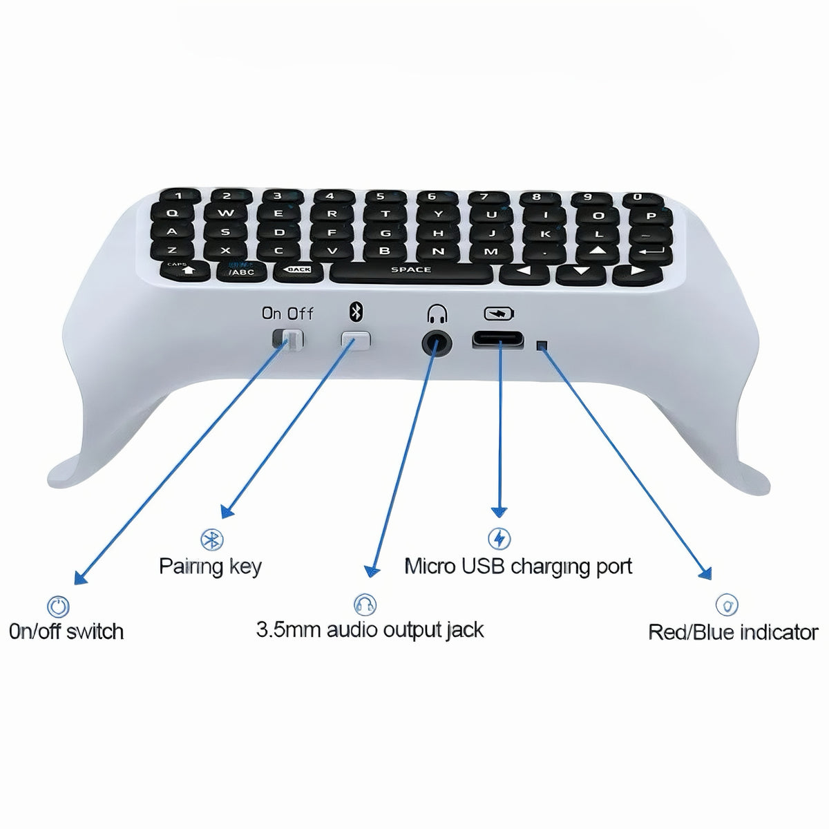 Diagram showing bottom view ports and control buttons of the wireless keyboard including power switch pairing key audio jack and charging port