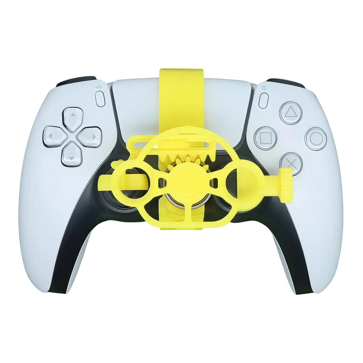 Yellow mini steering wheel handle attachment mounted on a PS5 DualSense controller front view