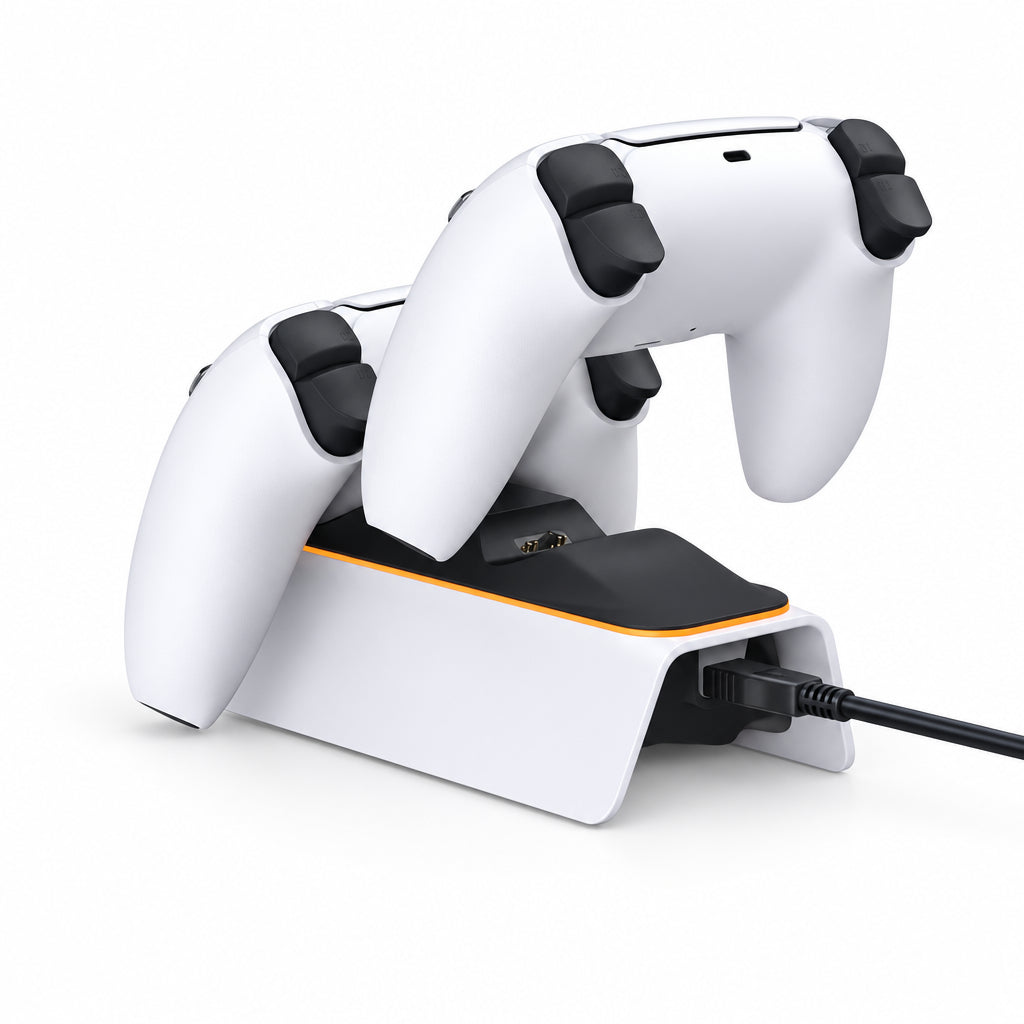 Back view of PS5 controller dual charging station with power cable connected