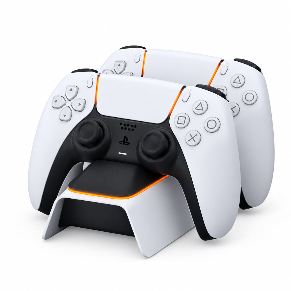 Two PS5 DualSense controllers charging on a white dual charging station with orange LED accents