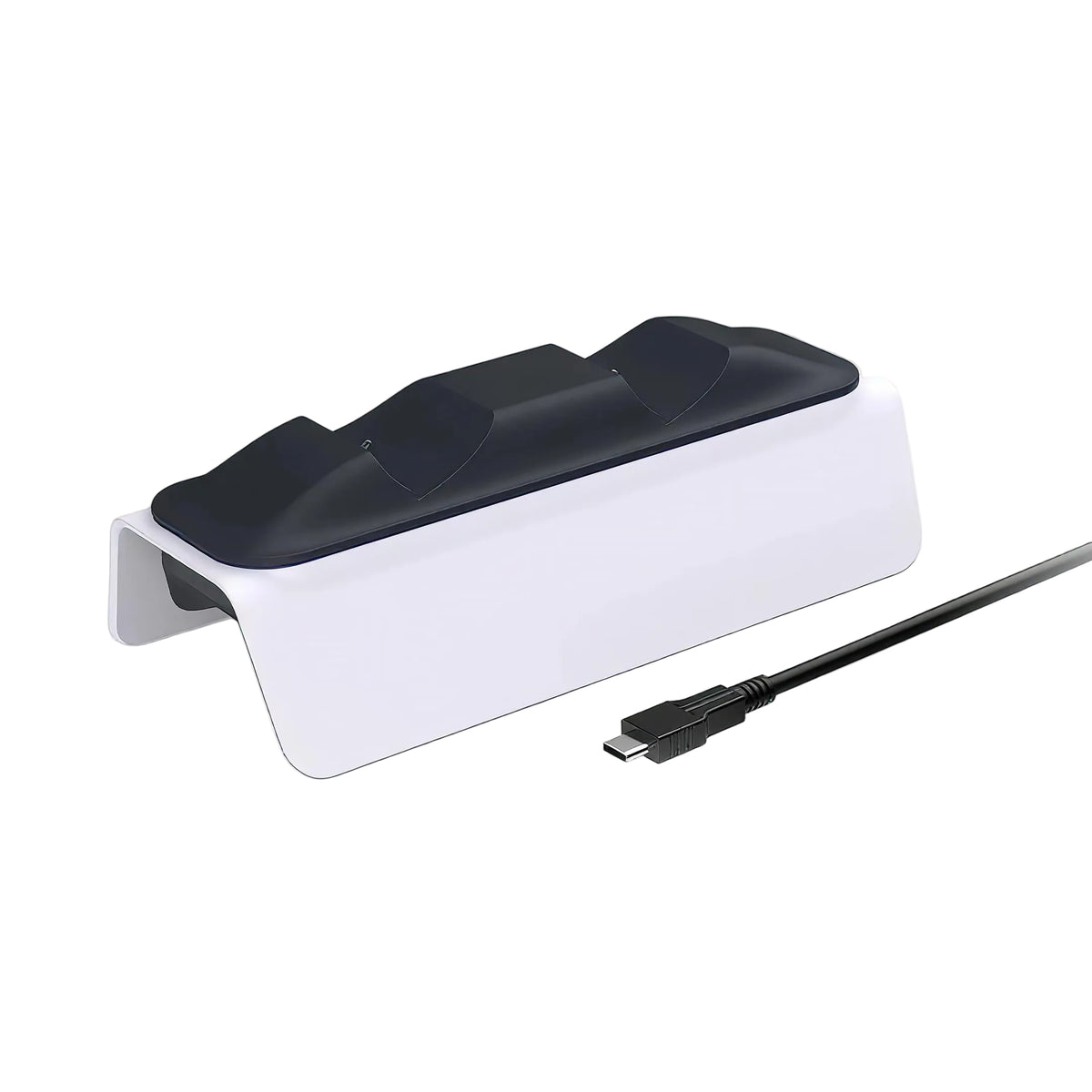 White and black PS5 dual controller charging station dock with USB power cable