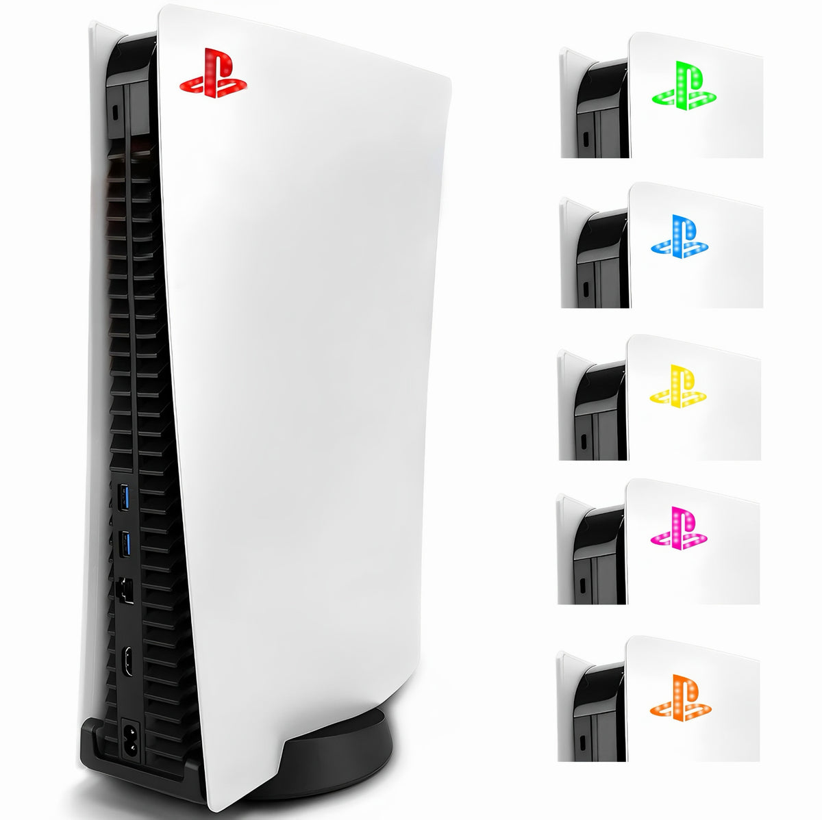 White PlayStation 5 console displaying multiple RGB LED color modes on the logo