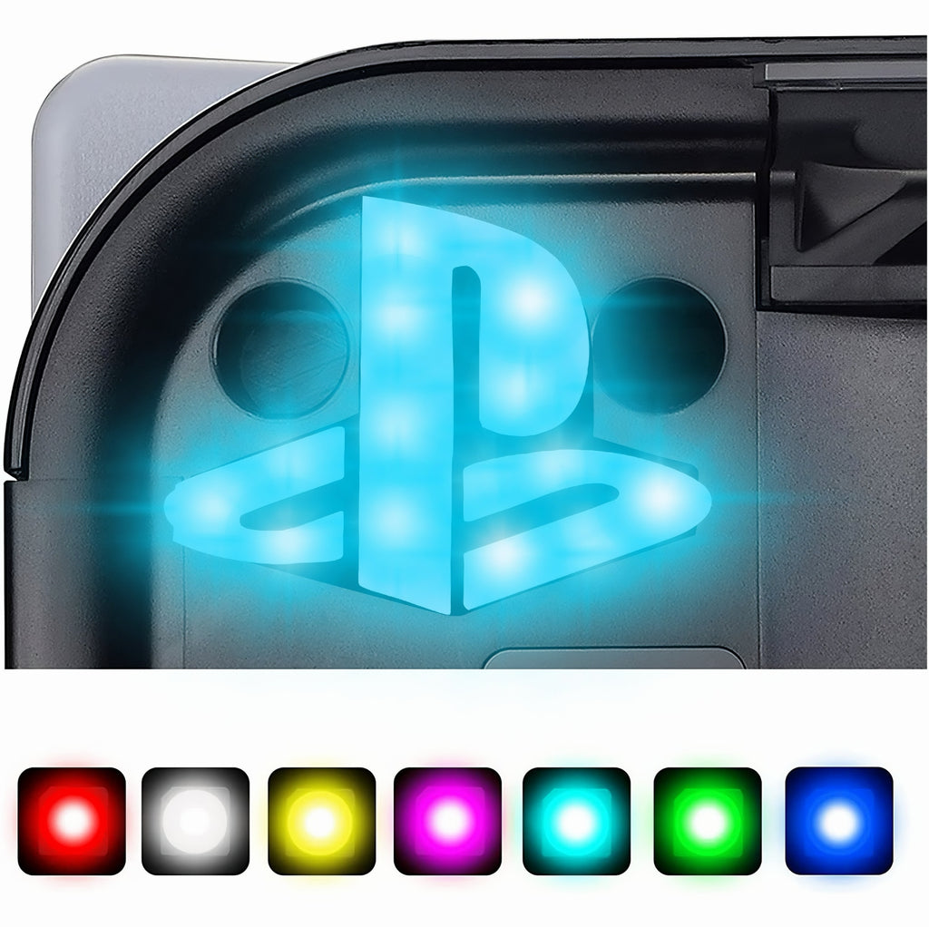 Cyan illuminated PlayStation 5 logo with color selection palette displayed underneath