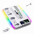 White PS5 vertical cooling stand with RGB LED strip dual controller docks and LED control display