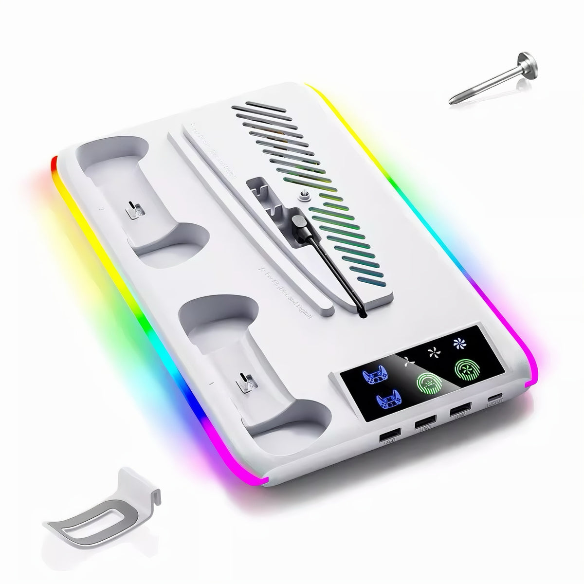 White PS5 vertical cooling stand with RGB LED strip dual controller docks and LED control display
