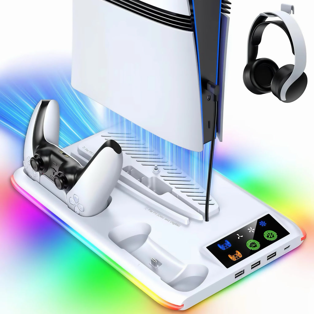 White PS5 vertical cooling stand with RGB lighting controller charging slots and headset holder