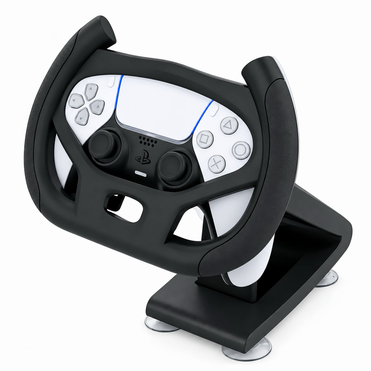 Angle view of black steering wheel attachment for PS5 DualSense controller with suction cups base on white background