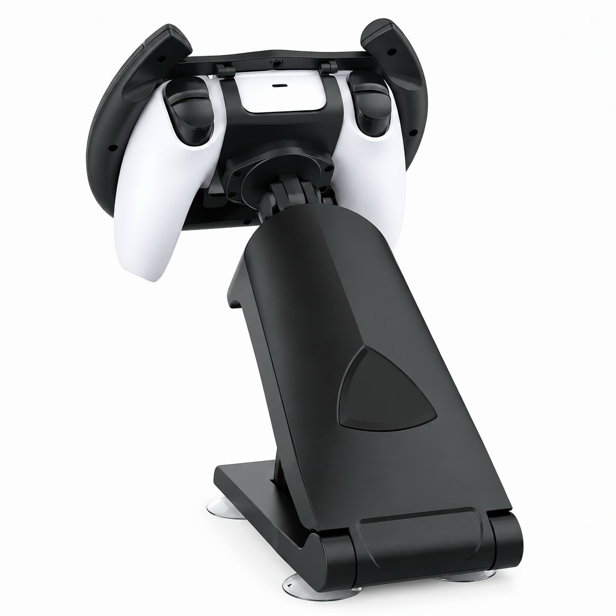 Back view of the PS5 racing wheel controller station showing the rear mounting arm and suction cup base