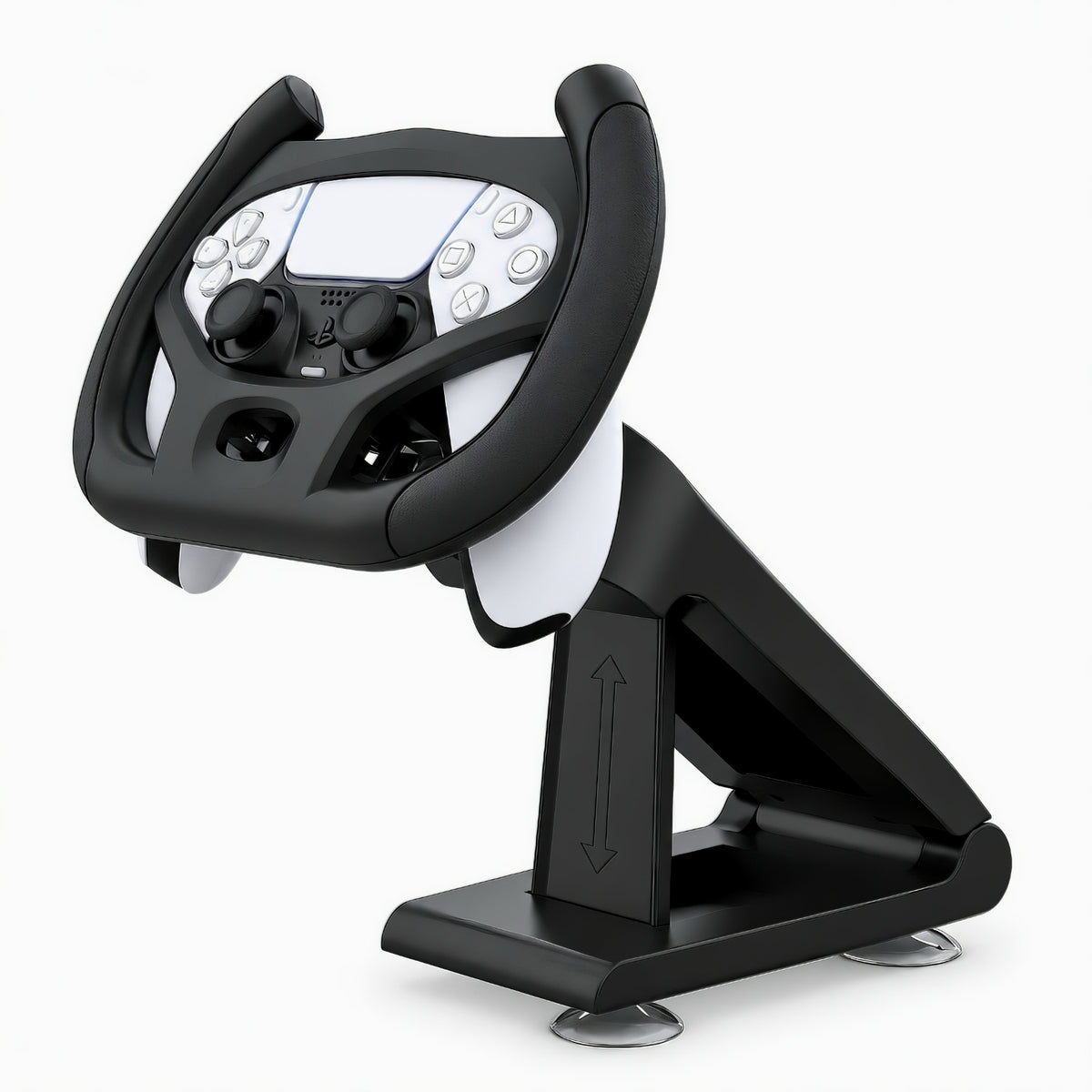 Black PS5 racing steering wheel attachment with a DualSense controller mounted on a matching tabletop stand