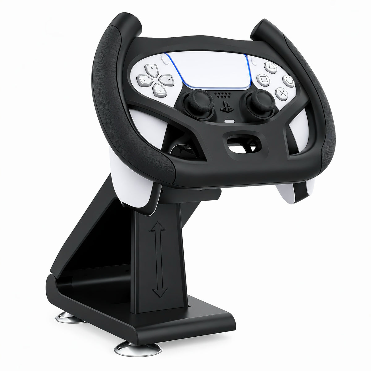 Front perspective view of PS5 gaming racing wheel stand mounted on a desk base with suction cups