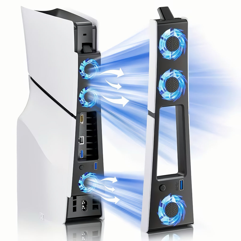 PS5 Slim console rear view with attached blue LED cooling fan showing heat dissipation airflow
