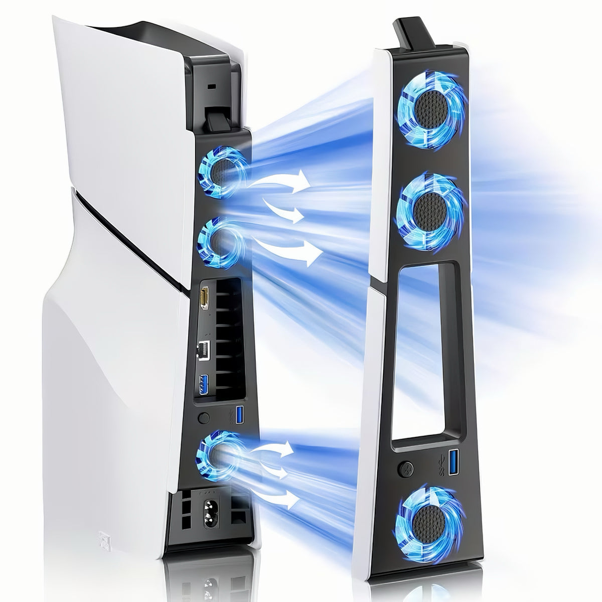 PS5 Slim console rear view with attached blue LED cooling fan showing heat dissipation airflow