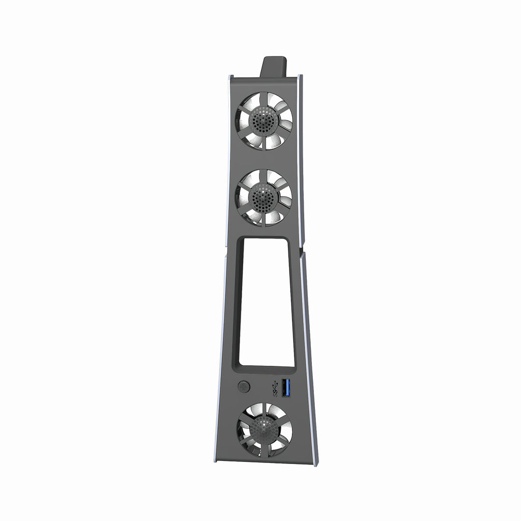 Vertical front view of PS5 Slim cooling attachment showing three silent fans and USB port
