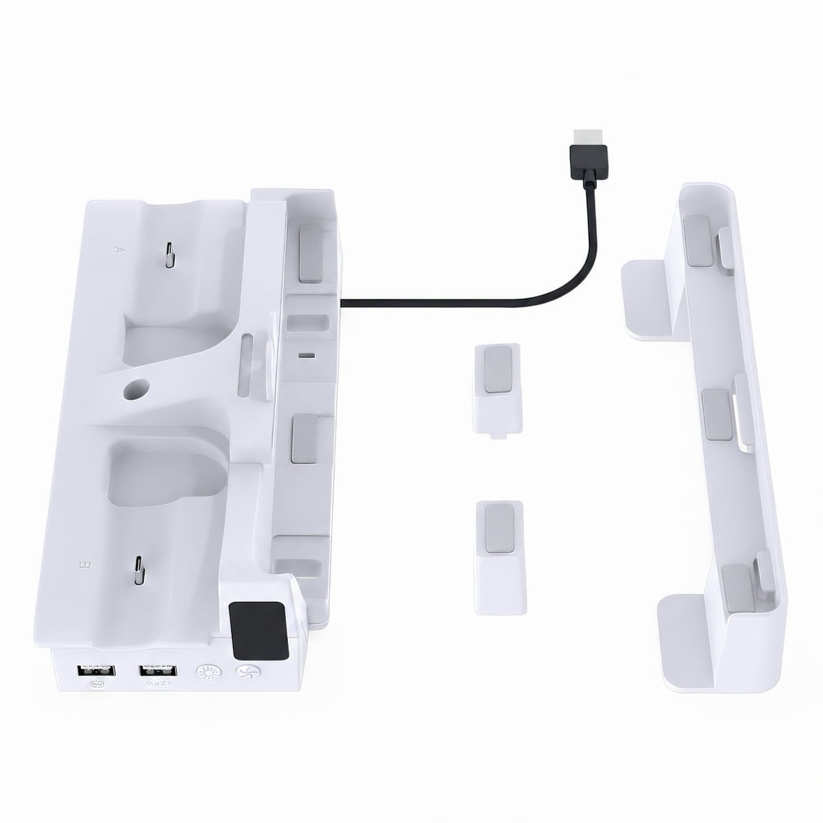 White horizontal base dock components for PS5 console with integrated USB-C power cable and extension brackets