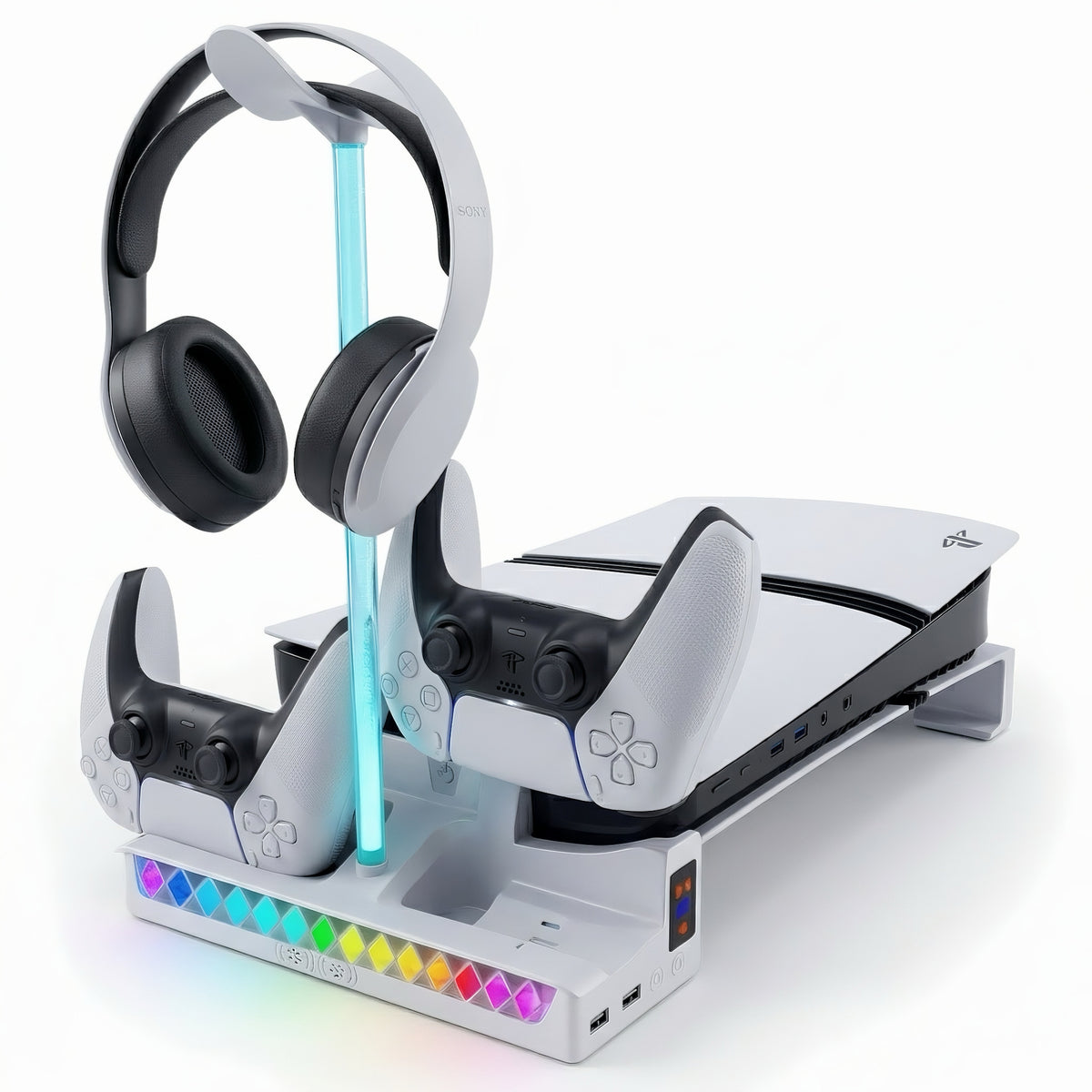White PlayStation 5 Slim console resting on a horizontal charging stand featuring dual controller docks an illuminated RGB light strip and a headset stand holder