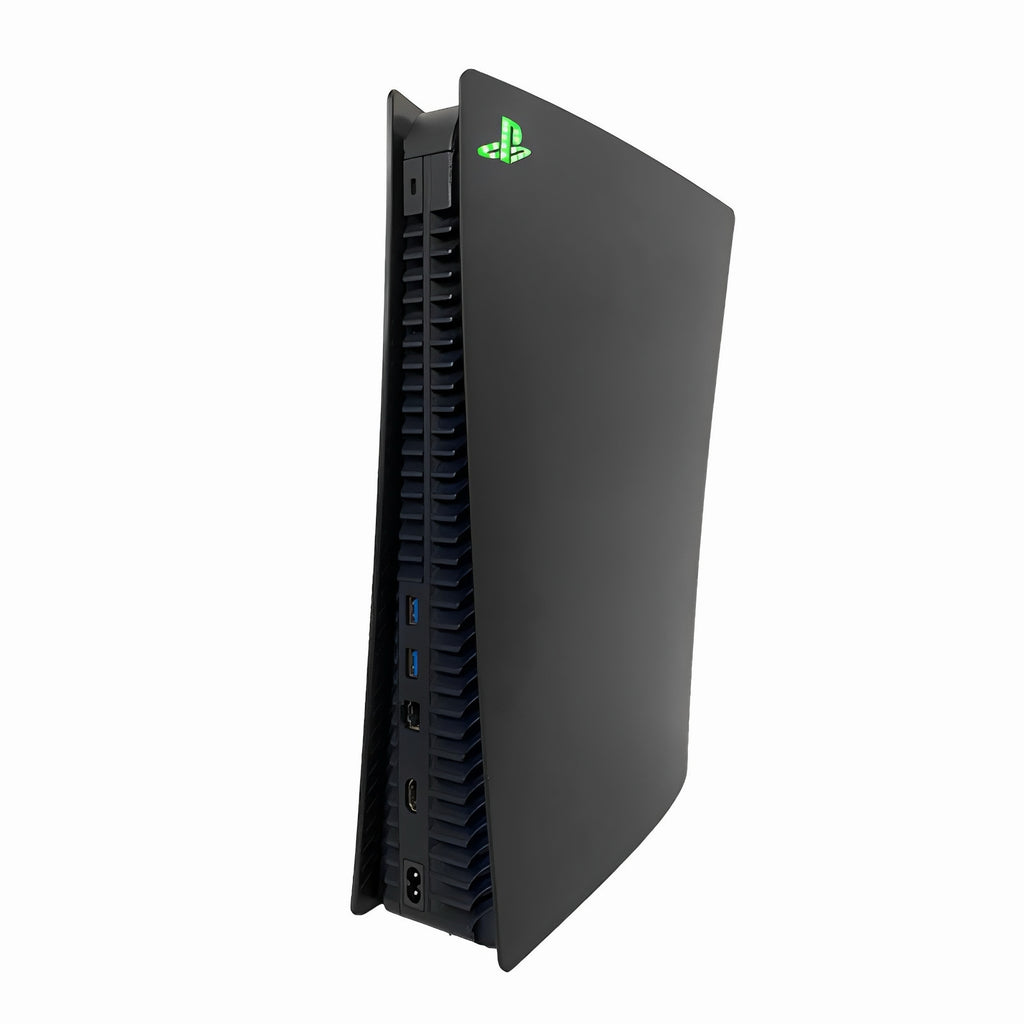 Black PlayStation 5 console showing a glowing green RGB LED logo on the side against a white background