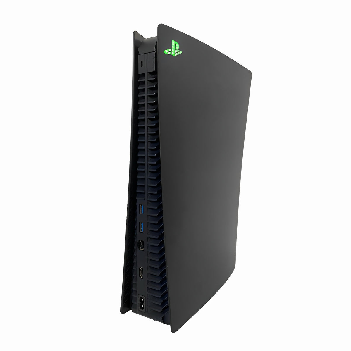 Black PlayStation 5 console showing a glowing green RGB LED logo on the side against a white background
