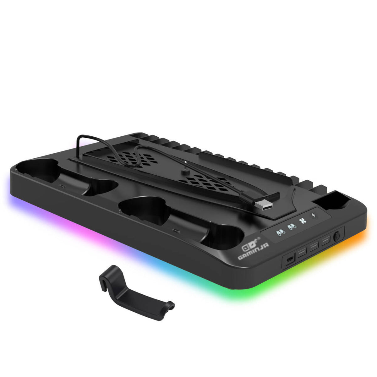 Black PS5 vertical cooling stand with RGB lighting base built-in dual controller charging docks integrated USB cable and headset hook on white background