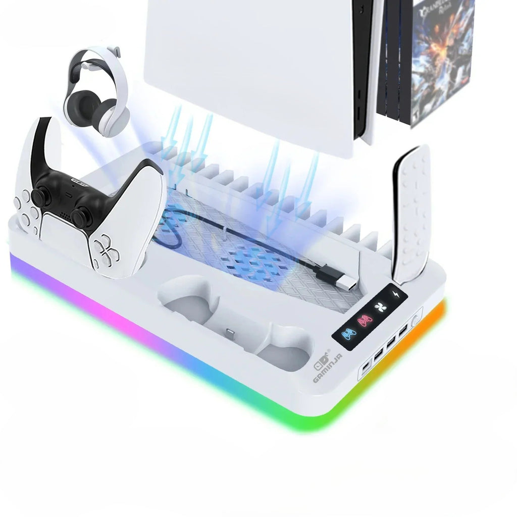 PS5 vertical RGB cooling stand with DualSense controller charging docks headphone mount and game storage slots