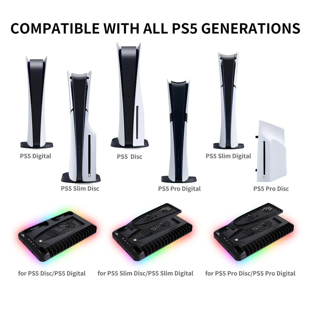 Infographic showing PS5 vertical cooling stand compatibility with all PS5 generations including Digital Disc Slim and Pro models on white background