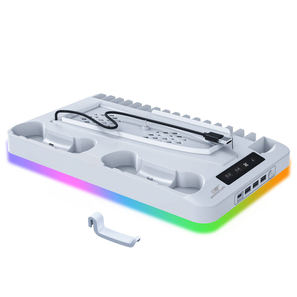White PS5 vertical cooling stand with RGB lighting base built-in dual controller charging docks integrated USB cable and headset hook on white background