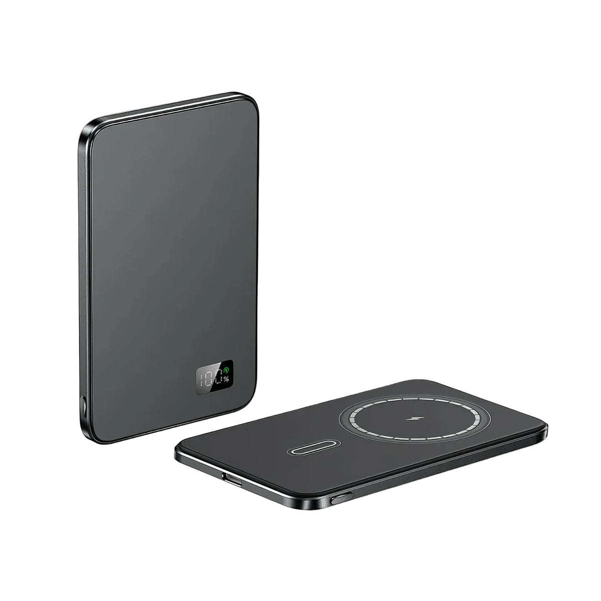 Black slim 10000mAh MagSafe power bank with digital battery display and wireless charging pad