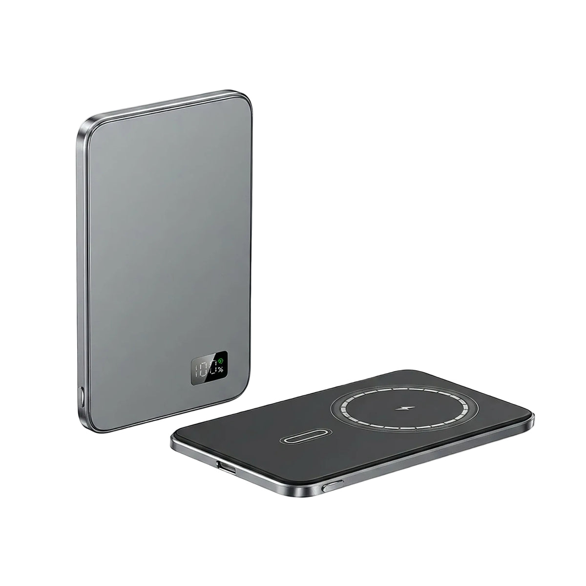 Gray slim 10000mAh MagSafe power bank with digital battery display and wireless charging pad