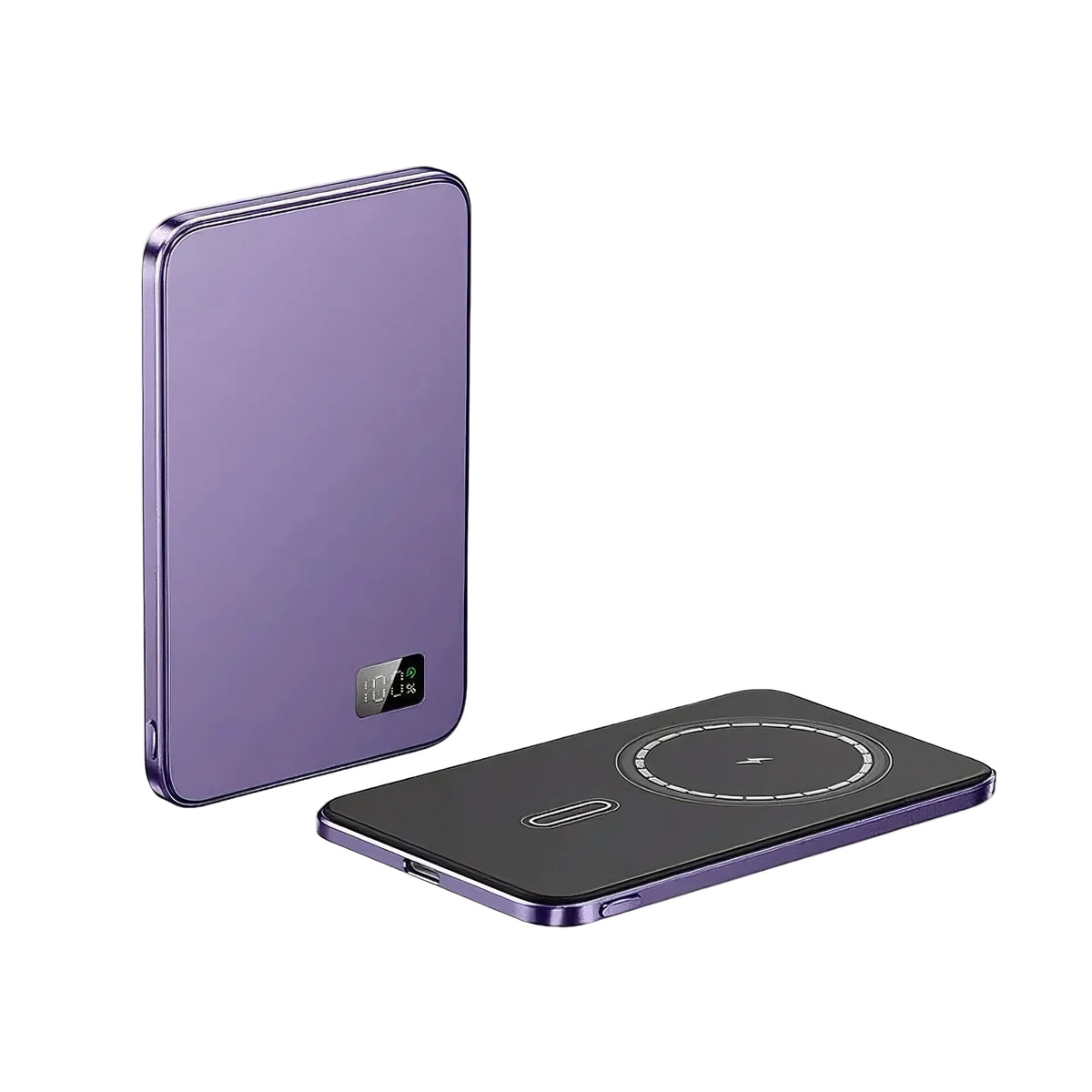 Purple slim 10000mAh MagSafe power bank with digital battery display and wireless charging pad