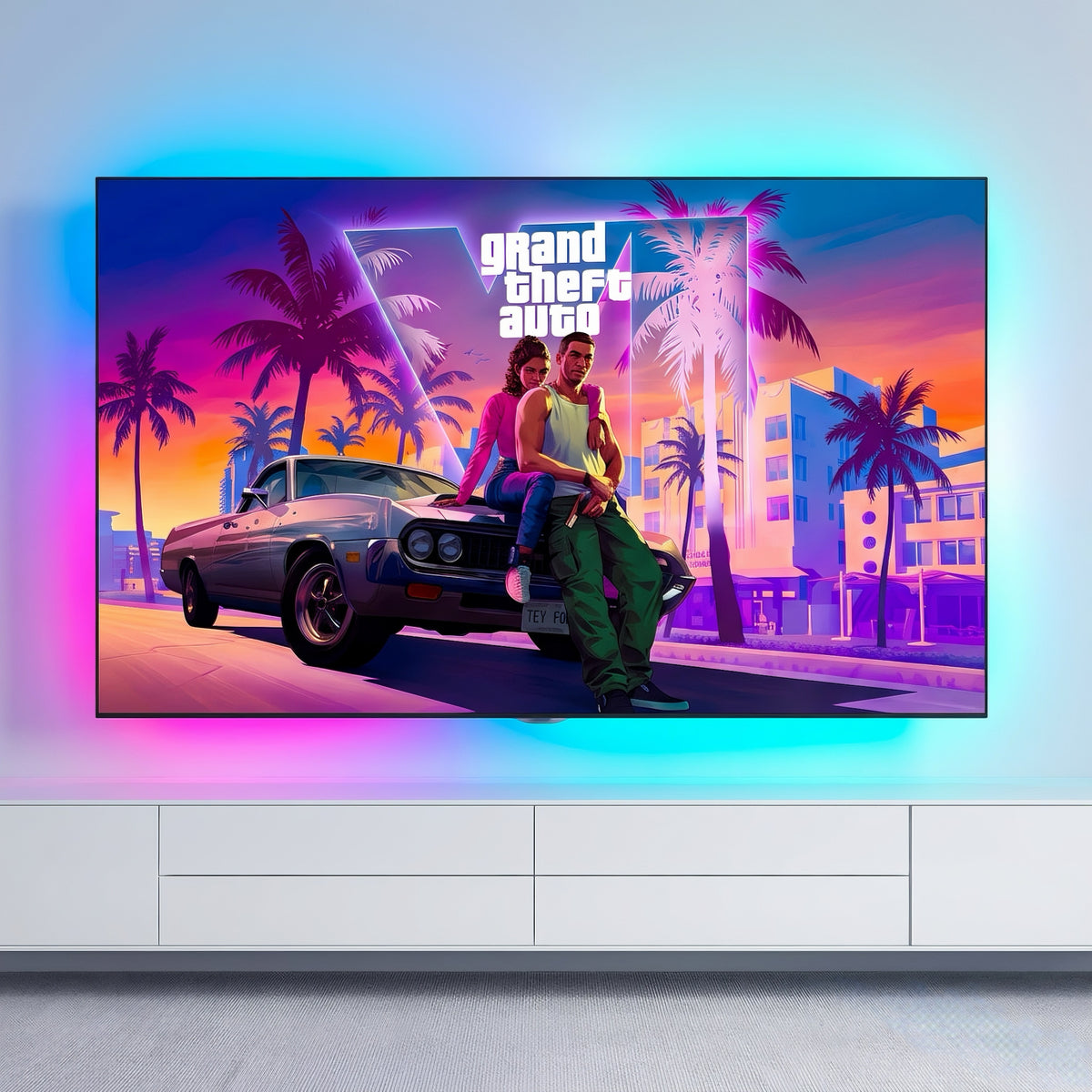 Wall mounted TV with smart Ambilight LED strip projecting colorful reactive backlighting