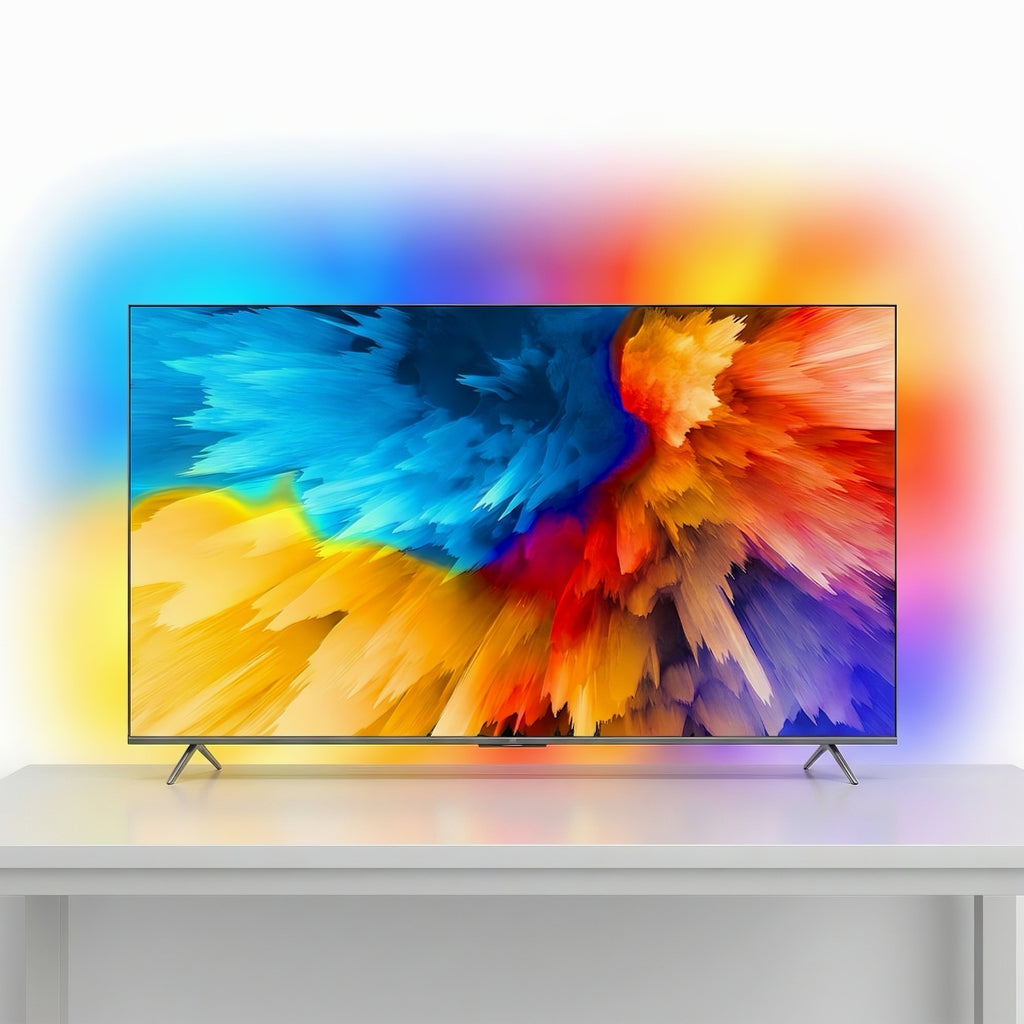 Smart TV on a stand displaying abstract wallpaper with vibrant Ambilight LED backlighting