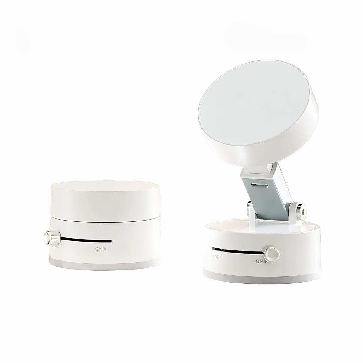 Two white magnetic vacuum desk phone mounts showing the folded and extended adjustable base